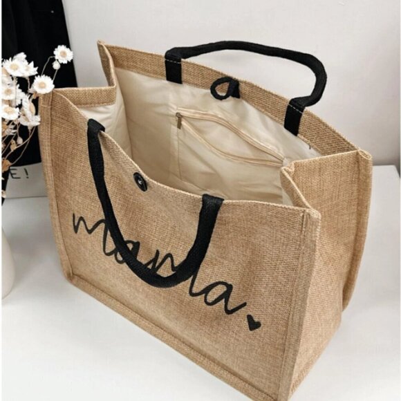 Mama Linen Shopping Tote Bag Button Closure Bonus Zip Bag - Picture 4 of 7